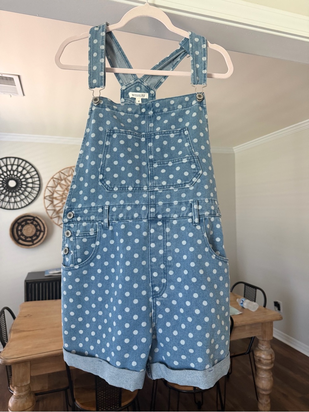 Wishlist Light Blue Polka Dot Denim Short Overalls Romper